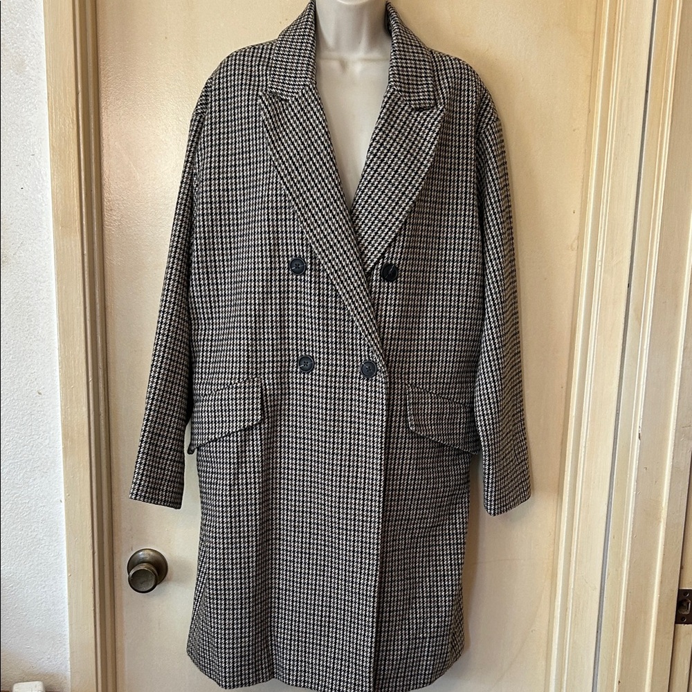Pull&Bear Green and White Houndstooth Overcoat size L